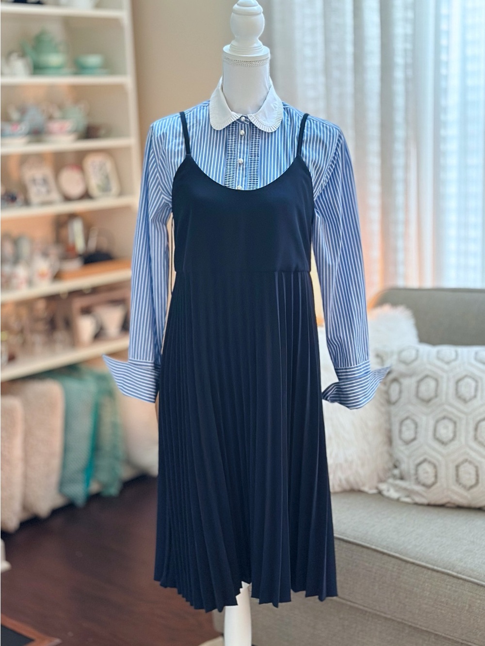 Mango Navy Pleated Slip Midi Dress